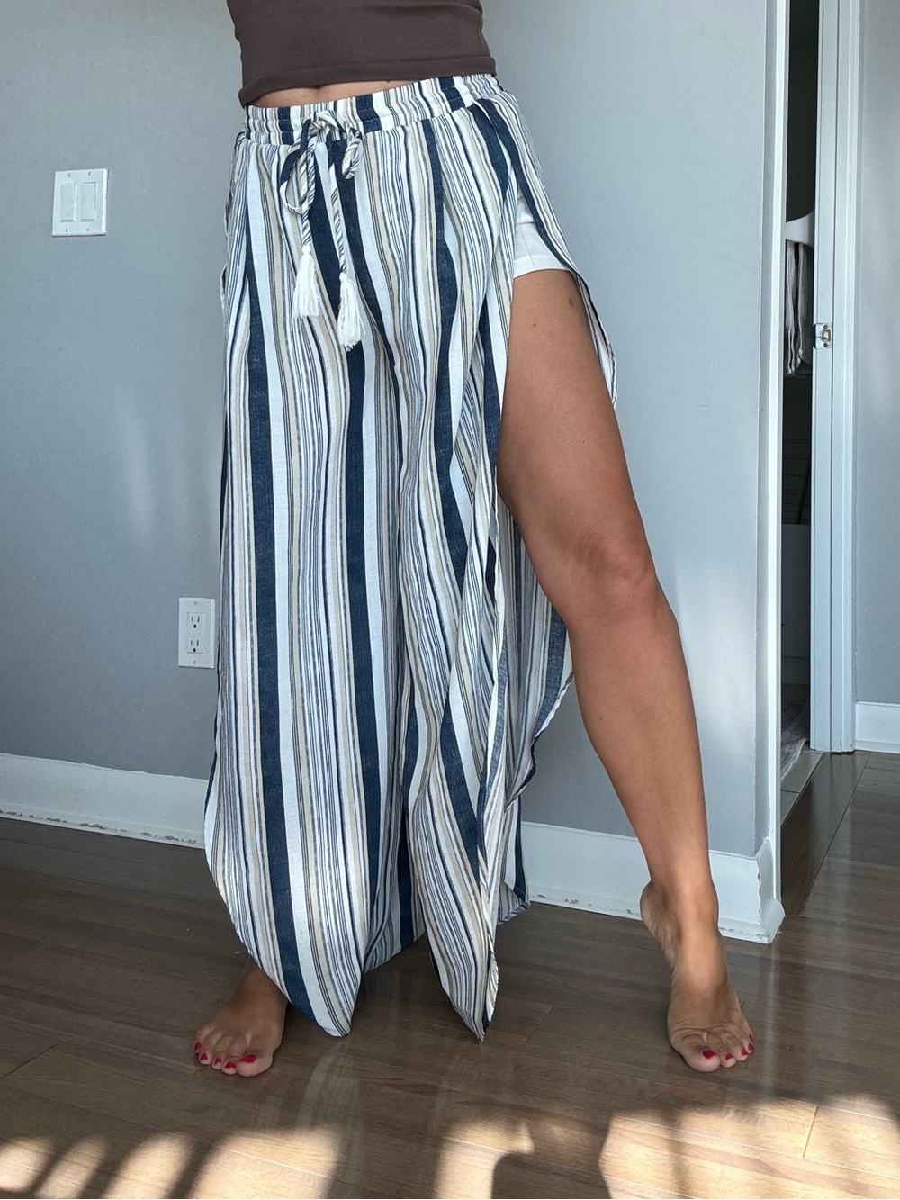 Striped Navy and Cream Pants  with Drawstring Waist